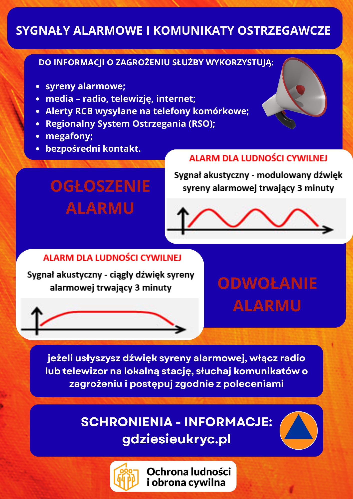 Ulotka dotycząca sygnałów alarmowych, komunikatów ostrzegawczych i plecaka ewakuacyjnego strona 2